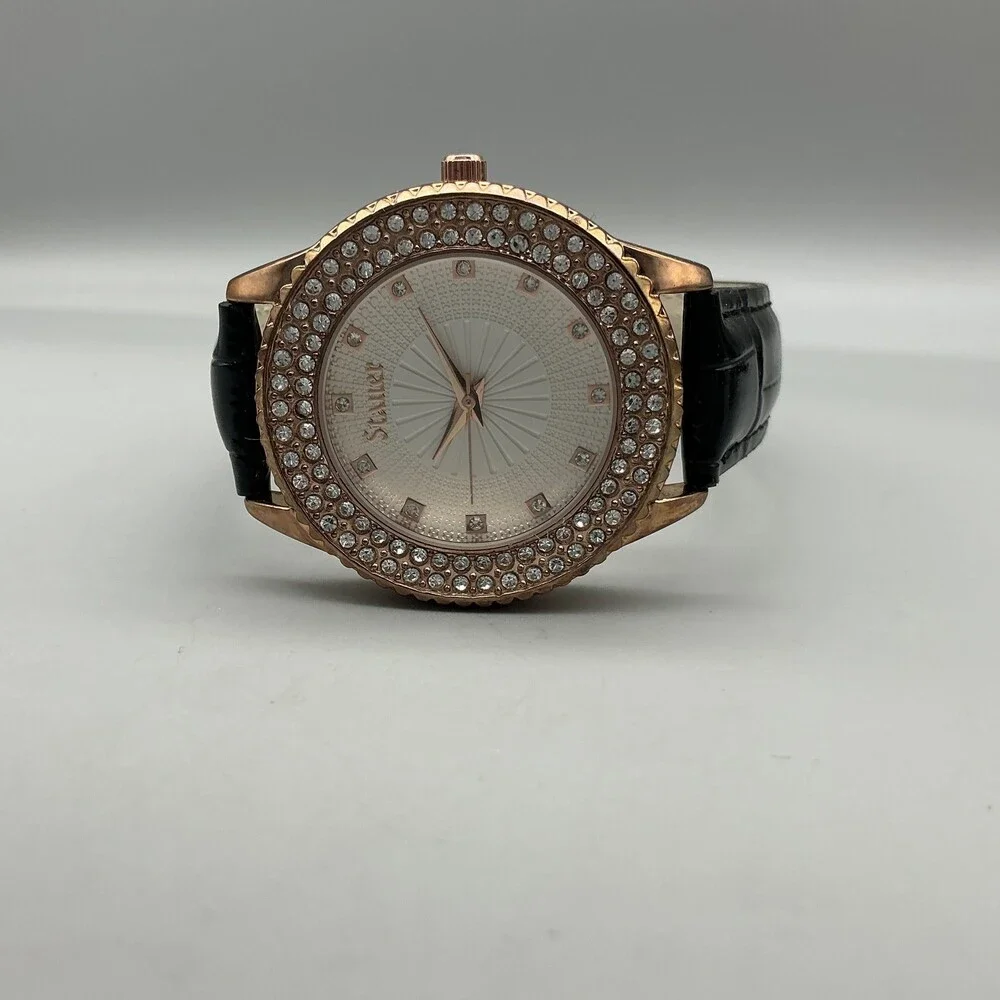 Stauer Womens Watch 38mm Silver Gold Tone Crystals Black Leather Strap